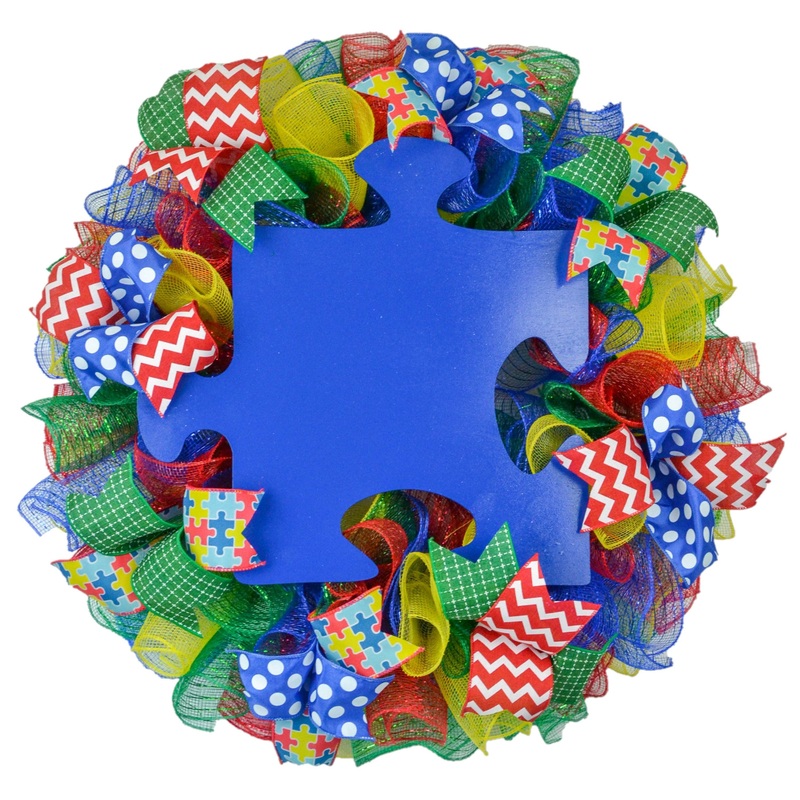 Autism Awareness Door Wreath puzzle piece; blue red yellow emerald