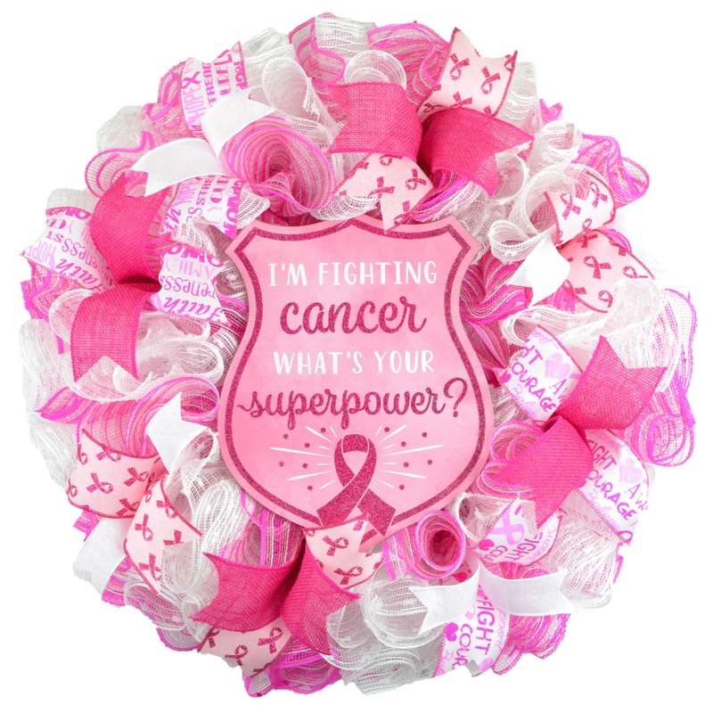 Breast Cancer Awareness Wreath – Pink White Burlap Wreath – Cancer Awareness Survivor Gift