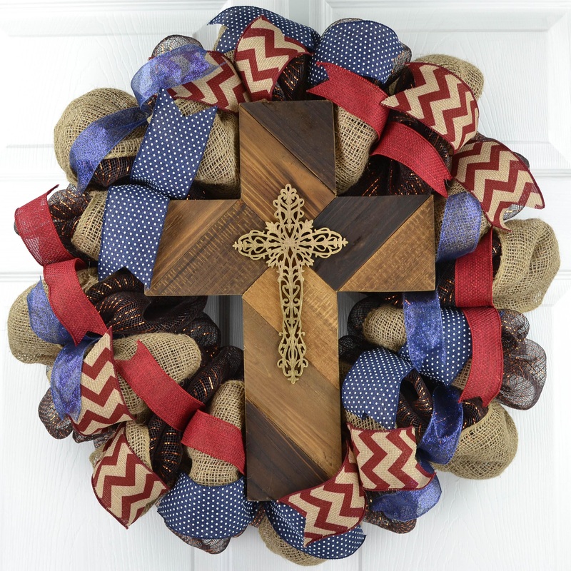 Brown Burlap Rustic Cross Mesh Front Door Wreath; Navy Maroon Burgundy White | Mother’s Day Gift