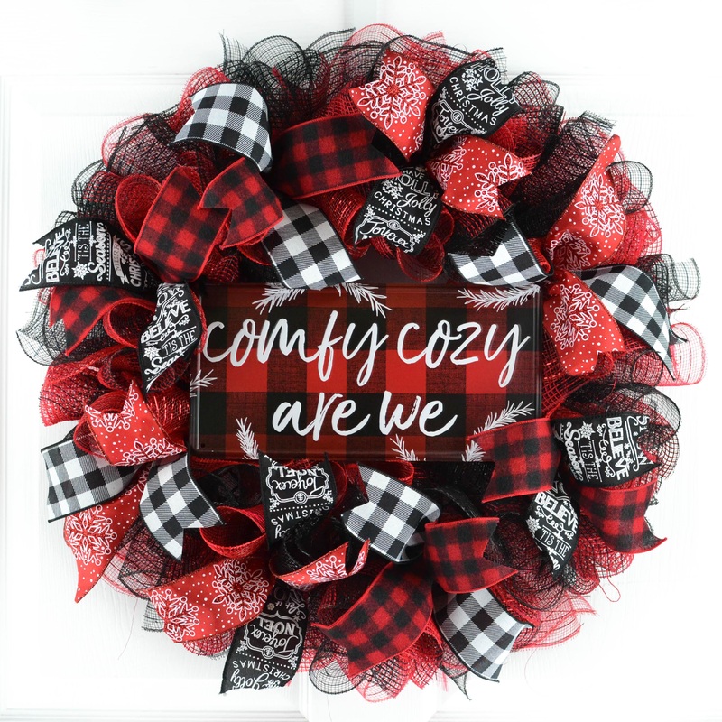 Buffalo Plaid Check Christmas Wreath | Black Red White | Comfy Cozy Are We