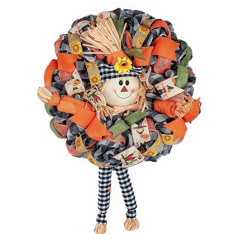 Buffalo Plaid Scarecrow Wreath – Thanksgiving Deco Mesh Fall Front Door Wreath