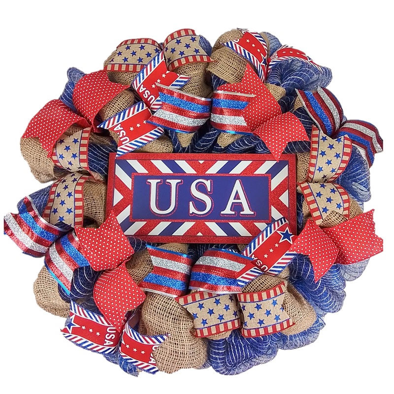 Burlap USA Fourth of July Wreath – Rustic Blue