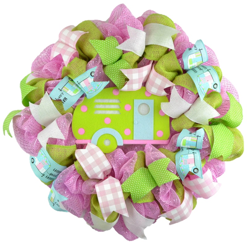 Camper Wreath – Camping Spring Summer Welcome Deco Mesh Wreath – Pink Turquoise Lime Green