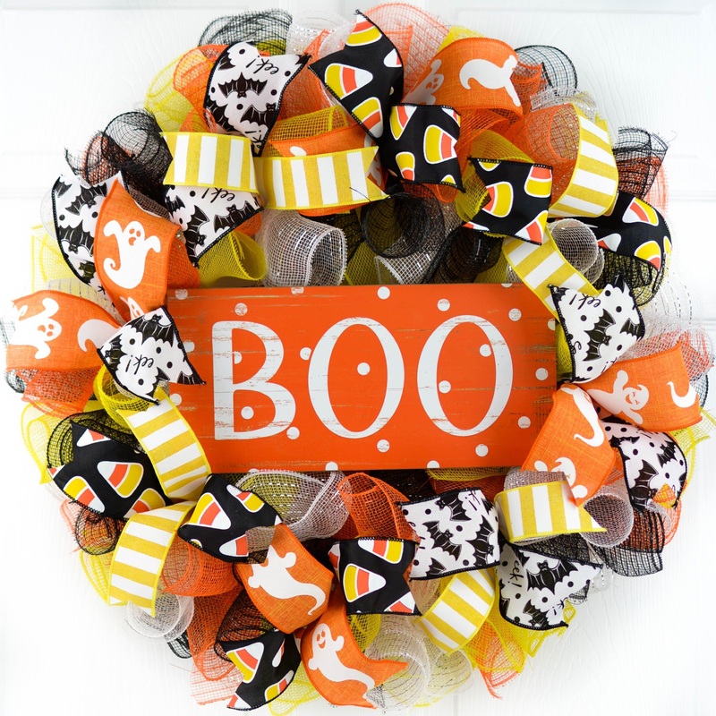 Candy Corn Halloween Door Wreaths | Boo Orange Black Yellow White Mesh Wreath