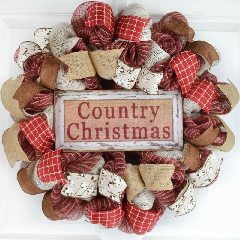 Country Christmas Wreath | Rustic Holiday Decor | Red Jute Ivory