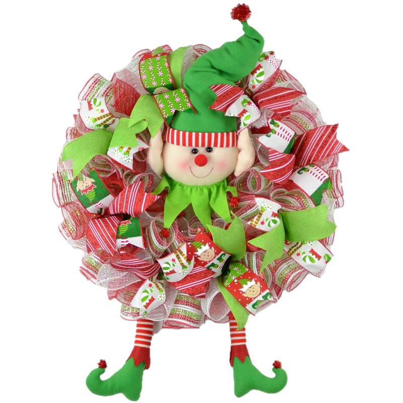 Elf Christmas Front Door Wreath | Holiday Mesh Wreath | Red White Lime Green No Thank You