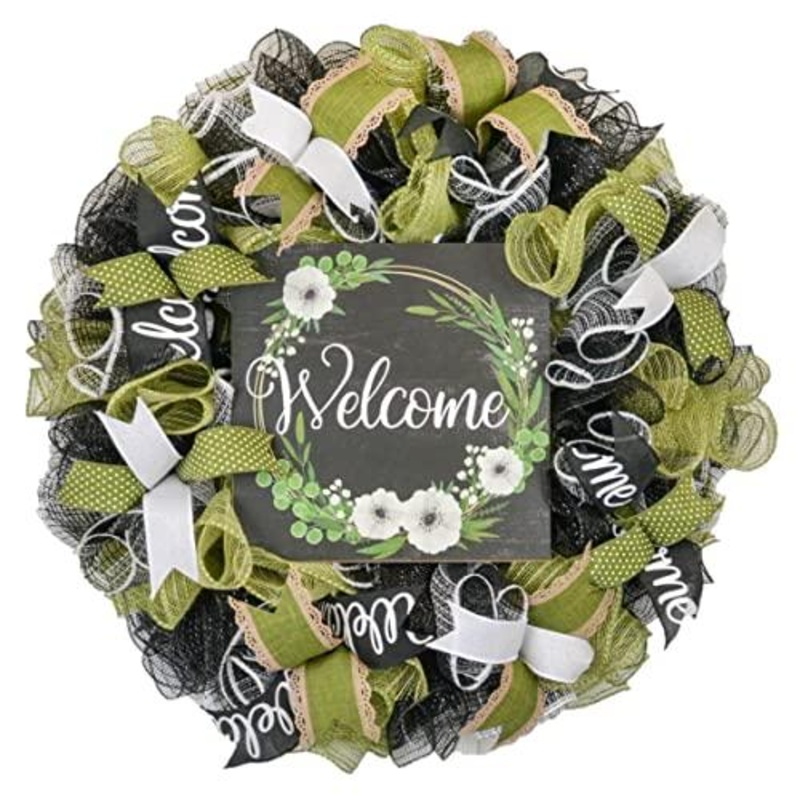 Everyday Welcome Wreath – Floral Spring Door Wreaths – Moss Green White Black