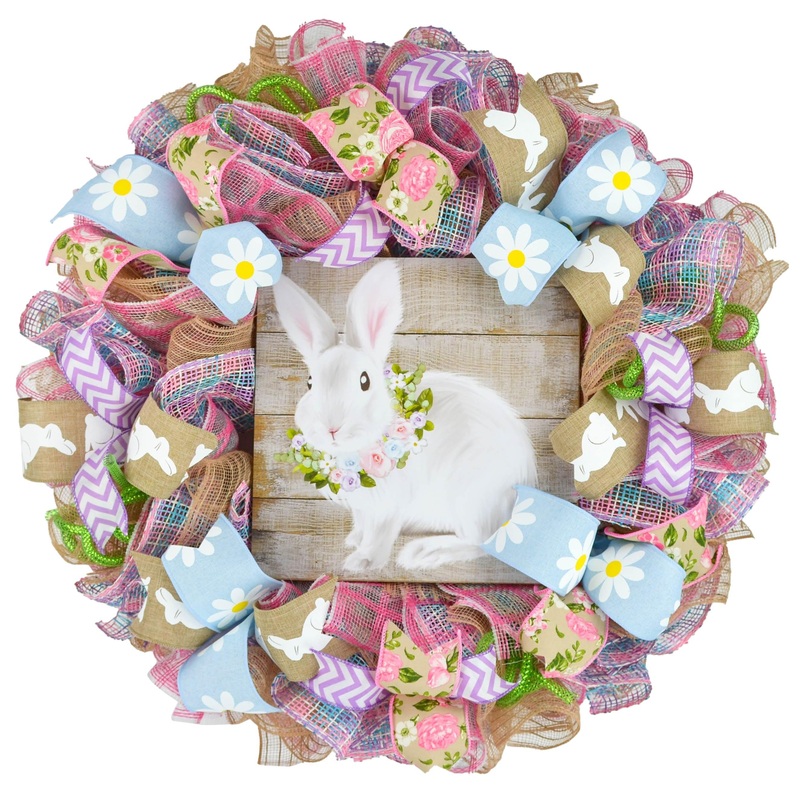 Farmhouse Easter Bunny Wreaths for Front Door – Pink Burlap Wreath