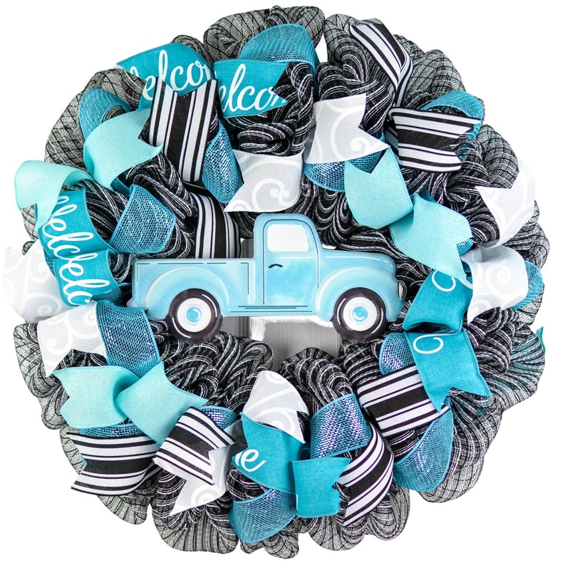 Farmhouse Truck Wreath – Blue Black White Mother’s Day Everyday Wreath
