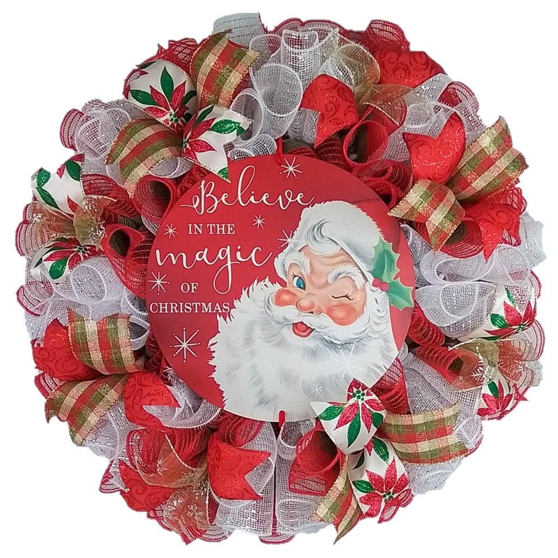 Santa Claus Wreath | Christmas Mesh Outdoor Front Door Wreath; White Red Emerald Lime Green