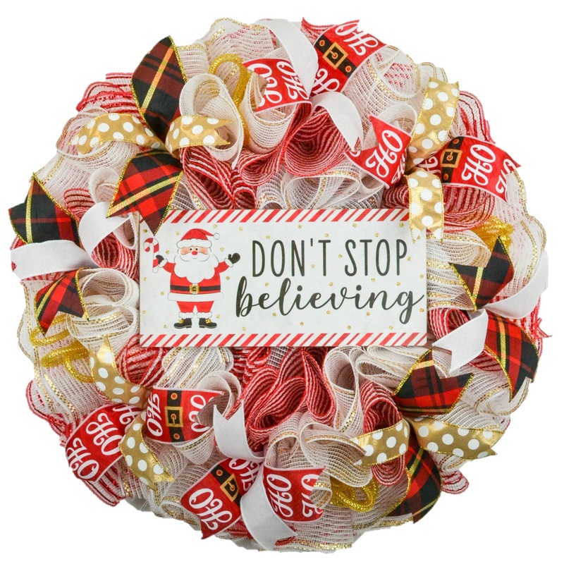 Santa Claus Wreath – Don’t Stop Believing Christmas Front Door Wreaths – Outdoor Decor – White Red Black Gold