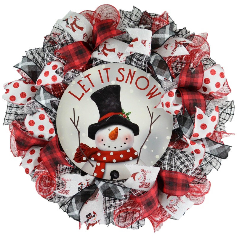Snowman Wreath | Let It Snow Christmas Mesh Outdoor Front Door Wreath; White Red Black