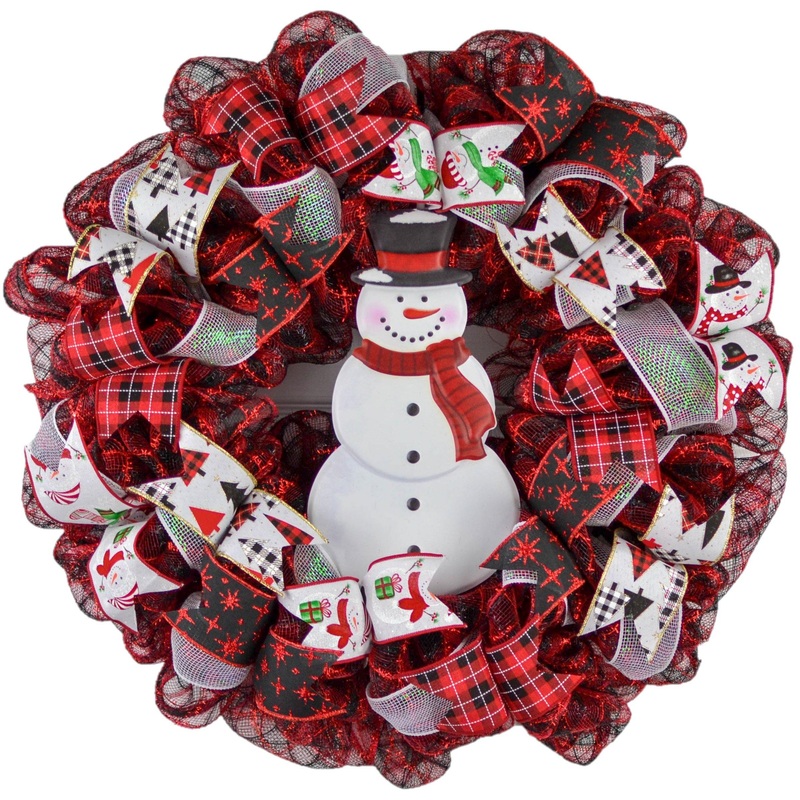 Snowman Wreath – Welcome Buffalo Plaid Christmas Mesh Front Door Wreath