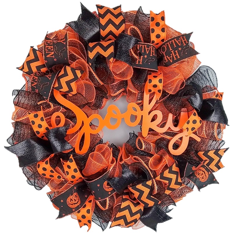 Spooky Mesh Halloween Wreath | Pumpkin Mesh Outdoor Front Door Wreath