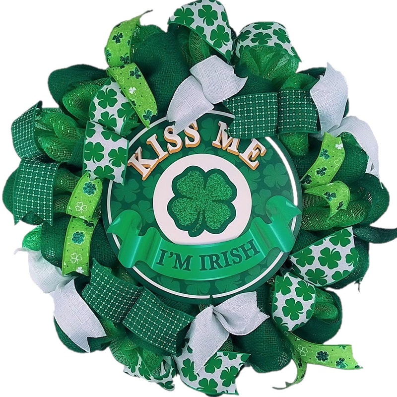 St Patricks Day Wreath – Kiss Me I’m Irish – Lime Green White Shamrock