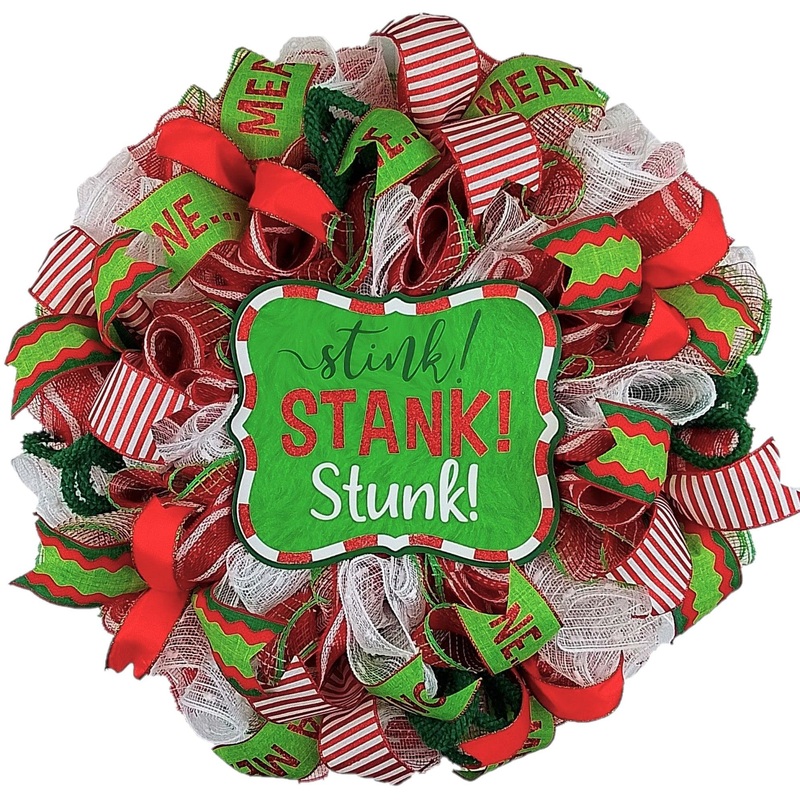 Stink Stank Stunk Christmas Wreath – Xmas Mesh Door Decor – Holiday Decorations – Red White Emerald Lime Green