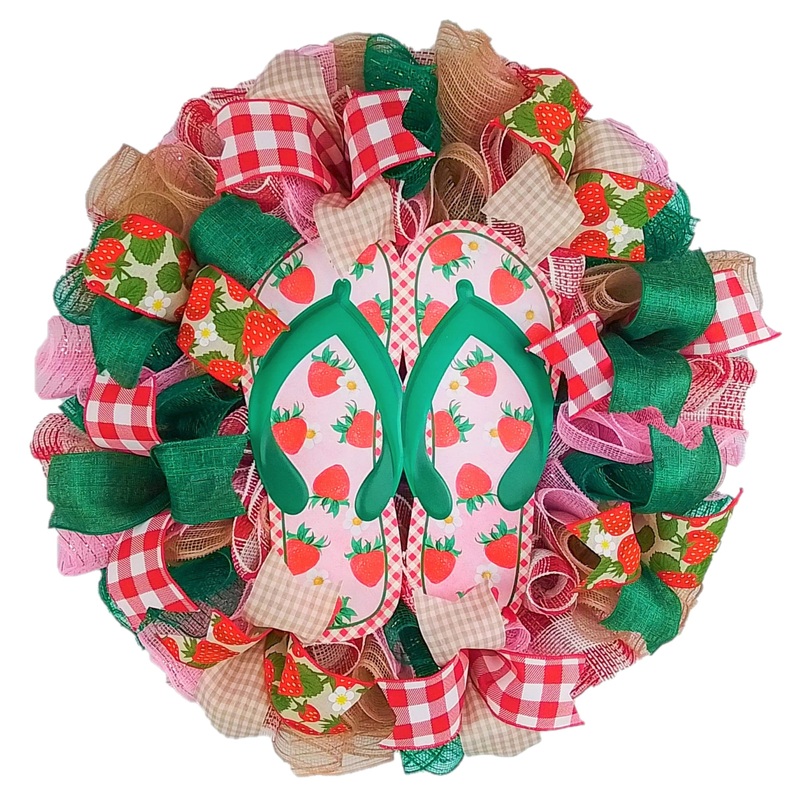 Strawberry Bliss Door Wreath – Whimsical Summer Decor -Flip Flop Wreath – Pink Green Jute