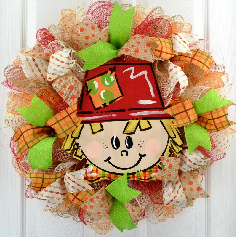 Thanksgiving Deco Mesh Wreath | Scarecrow Handpainted Fall Front Door Mesh Wreath