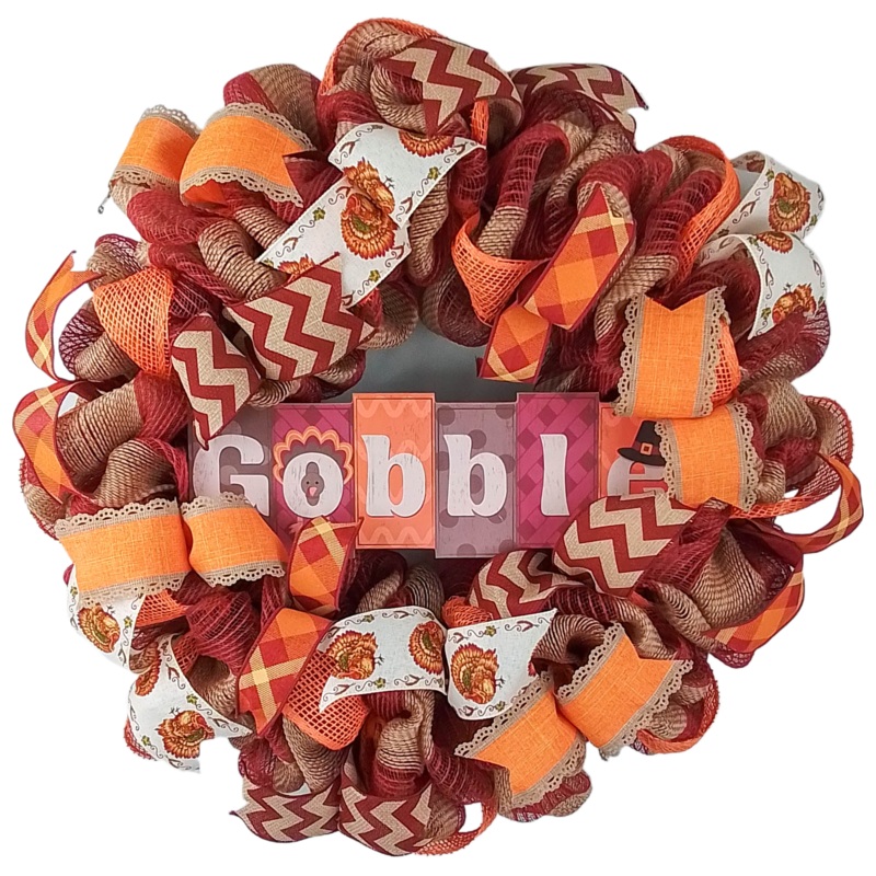 Thanksgiving Turkey Wreath – Gobble Fall Deco Mesh Decor – Brown Orange Mustard Yellow