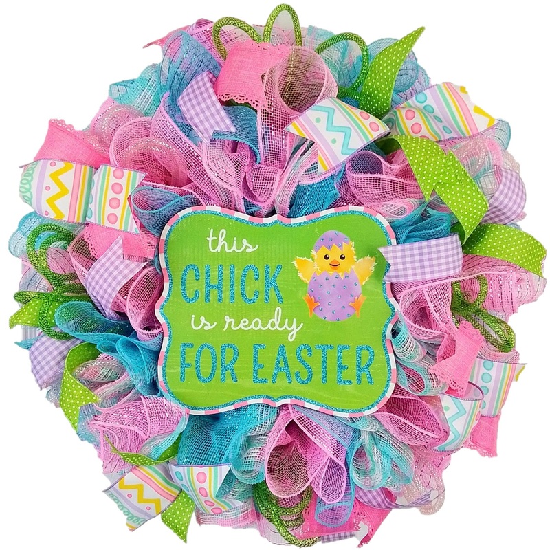 This Chick is Ready for Easter Door Wreath – Easter Door Decor – Blue Pink Purple Green