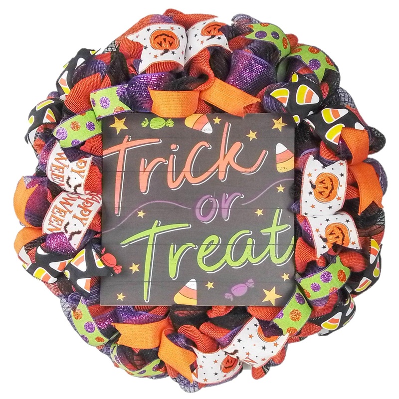Trick or Treat Door Wreath | Orange Black Halloween Front Door Wreath