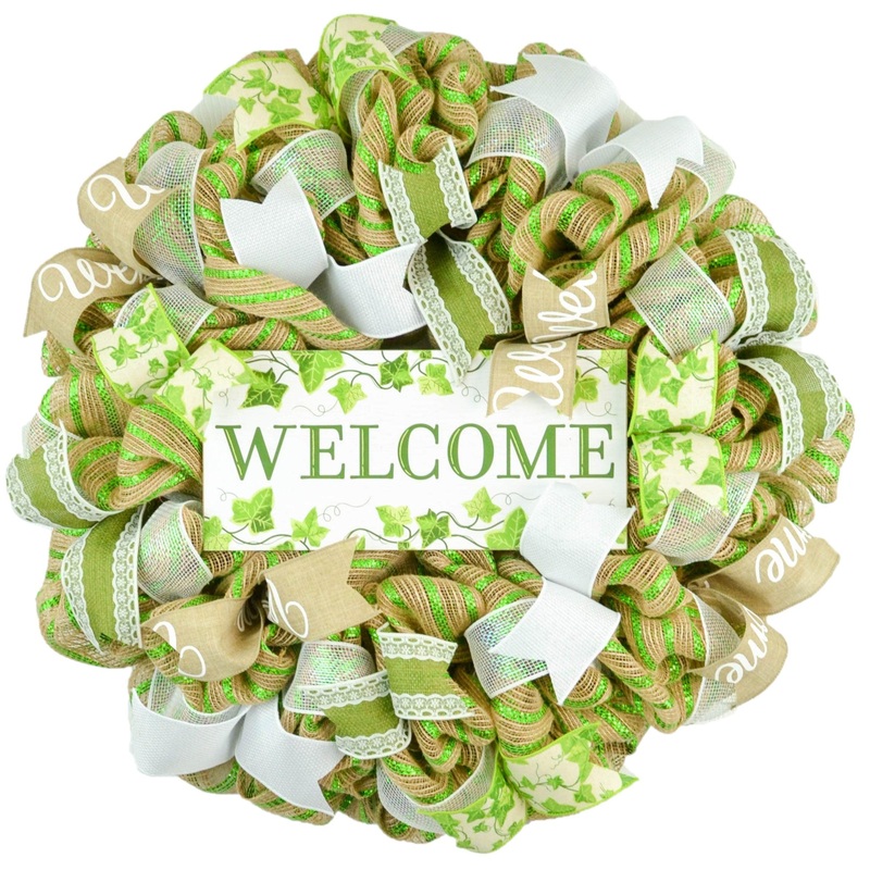 Welcome Everyday Wreath – Ivy Leaf Flower Spring Year Round Door Wreath – Moss Green Jute White