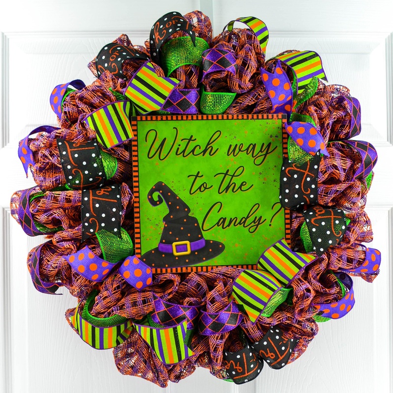 Witch Way to the Candy Witch Hat Halloween Wreath – Trick or Treating Front Door Mesh Wreath