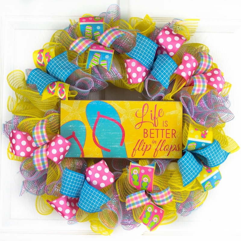 Yellow Flip Flop Wreath – Summer Mesh Wreath Ideas – Pink Turquoise