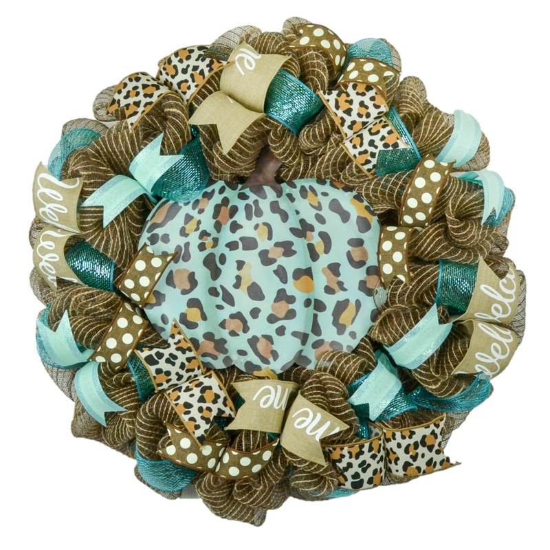 Animal Print Pumpkin Door Wreaths – Thanksgiving Fall Autumn Turquoise Mesh
