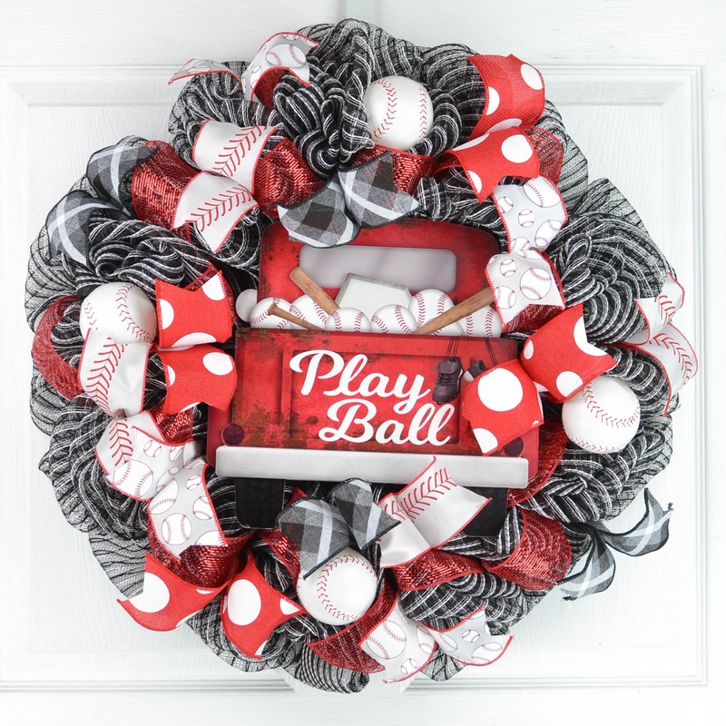 Baseball Front Door Wreath | Play Ball Mesh Wreath | Black Red White