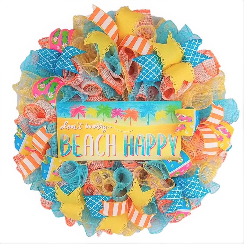 Beach Door Wreath, Bright Summer Decor – Yellow Orange Pink Blue – Deco Mesh Wreath