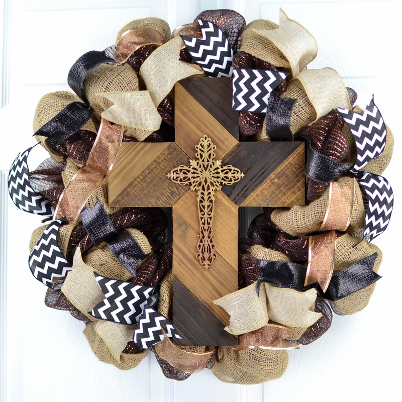 Black Burlap White Rustic Cross Mesh Door Wreath; Brown Beige