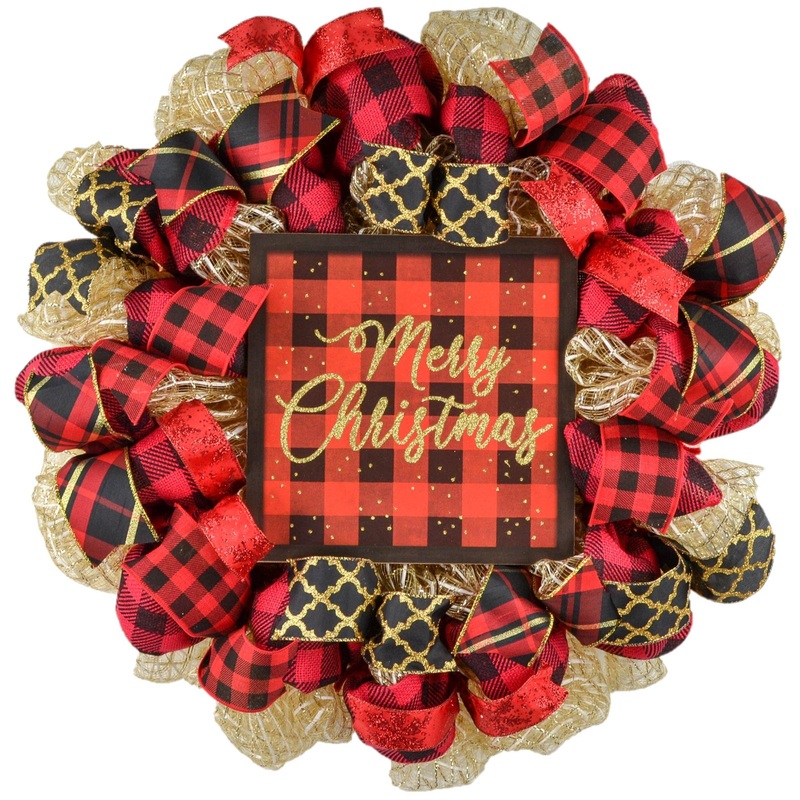 Black Red Gold Christmas Wreath – Burlap Buffalo Plaid Decor
