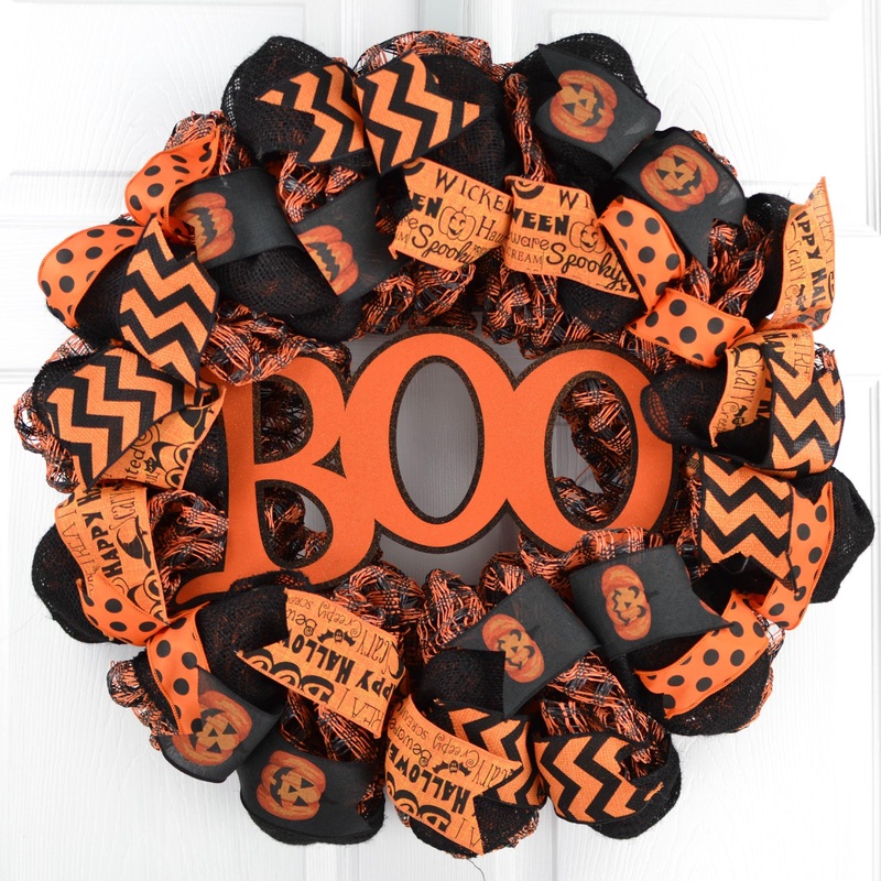 Boo Burlap Halloween Door Wreath – Orange Black Ghost Mesh Wreath