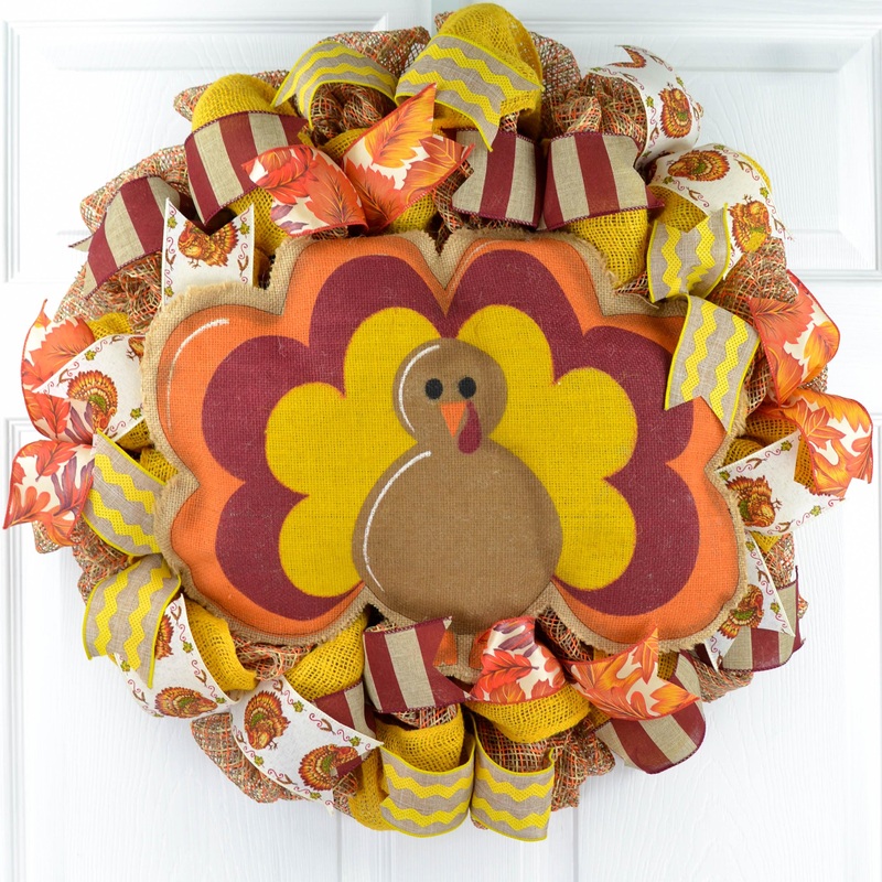 Burlap Thanksgiving Turkey Wreath – Fall Deco Mesh Wreath –
