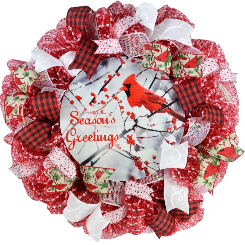 Cardinal Christmas Wreath – Seasons Greeting Red Black White Winter Decor