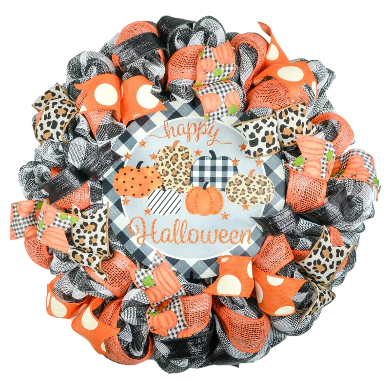 Cheetah Print Pumpkin Halloween Wreath – Beautiful Front Door Mesh Wreath – Black Orange White Decorations