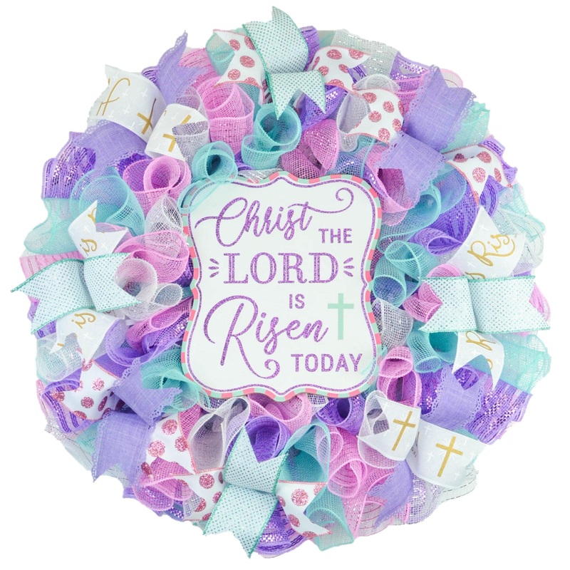Christ Lord Risen Today Easter Front Door Wreath – Cross Present – Pink Lavender Mint Green Gold White