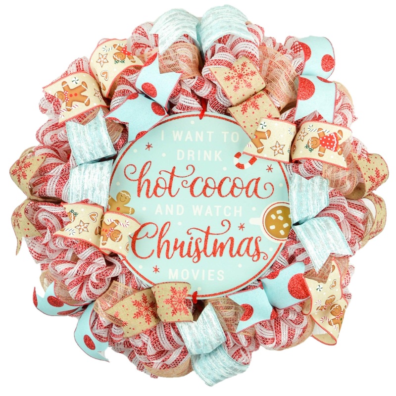 Christmas Cookies Gingerbread Wreath – Outdoor Holiday Wreath – Mesh Front Door Wreath – Turquoise Red Brown White Green
