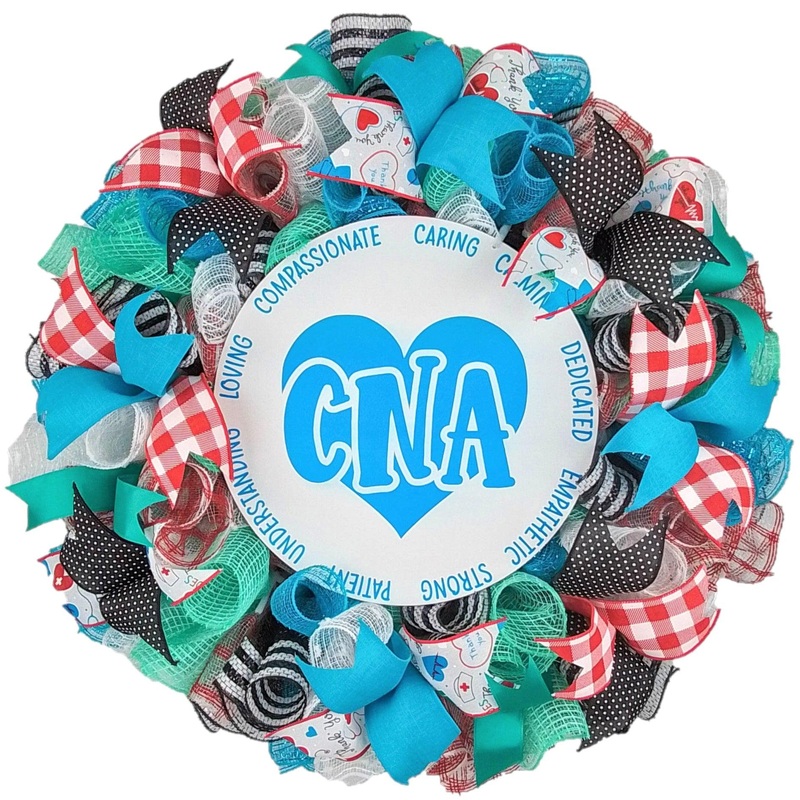 CNA Heroes Wreath – Hospital Nurse Graduation Mesh Wreath – Healthcare Worker Thank You Gift – Red Turquoise Blue Black White