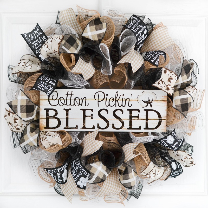 Cotton Pickin Blessed Wreath – Southern Black Ivory Farmhouse Burlap Spring Decor