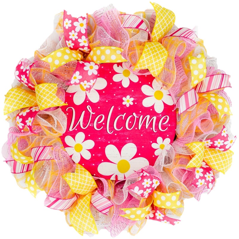 Daisy Spring Welcome Wreath – Flower Everyday Door Wreath – Yellow Pink White – Gift for Mom