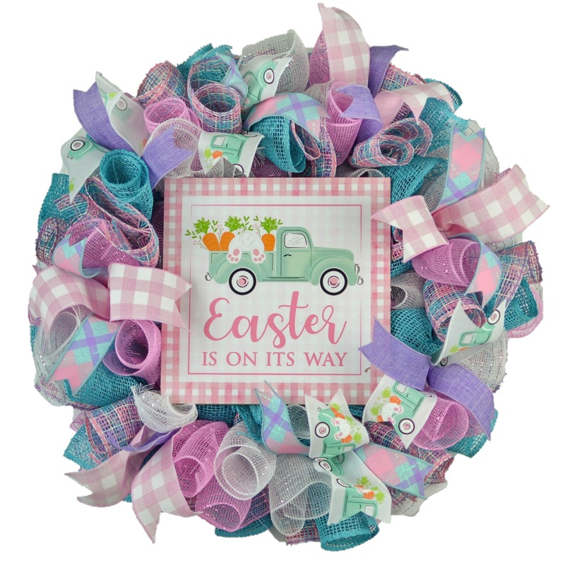 Easter Bunny Door Wreath – Truck Welcome Rabbit Door Decor – Pastel Blue Pink Purple
