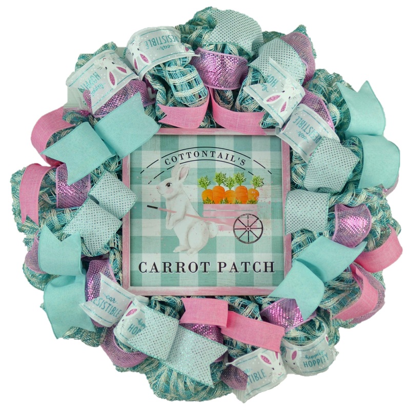 Easter Wreaths for Door – Carrot Easter Bunny Welcome Door Decor – Blue Pink Turquoise Aqua