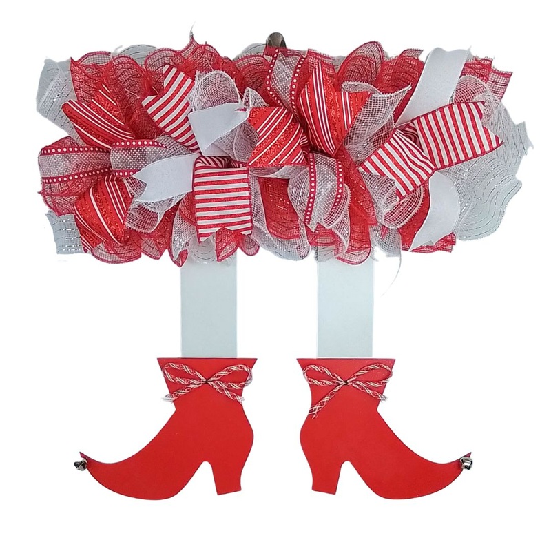 Elf Christmas Skirt Mesh Front Door Wreath | Red White Candy Cane Stripe No Thank You