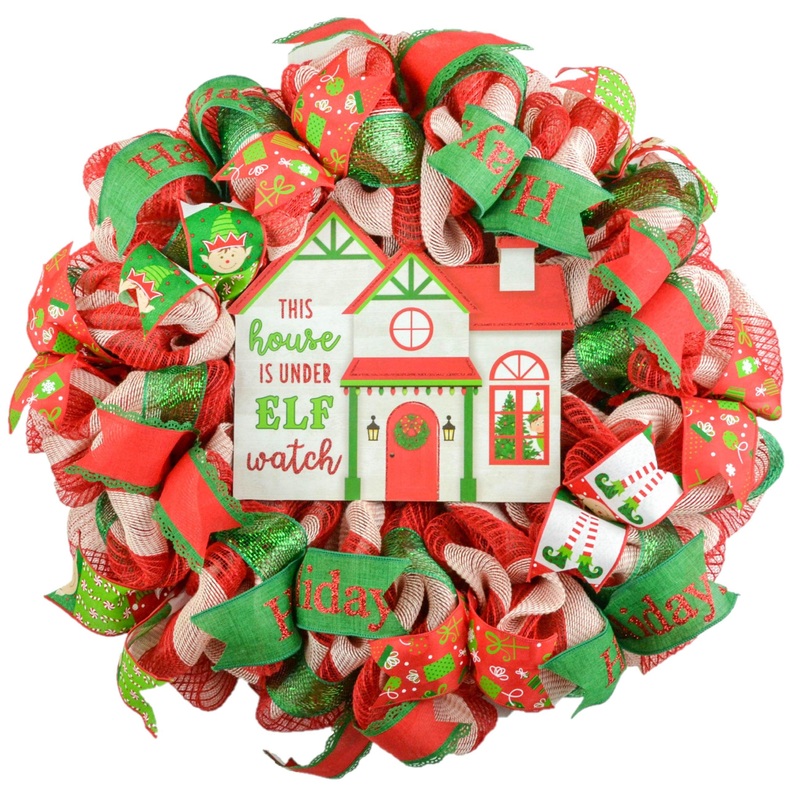 Elf Watch Christmas Front Door Wreath – House Welcoming Kid Friendly Decoration – Red Green Ivory