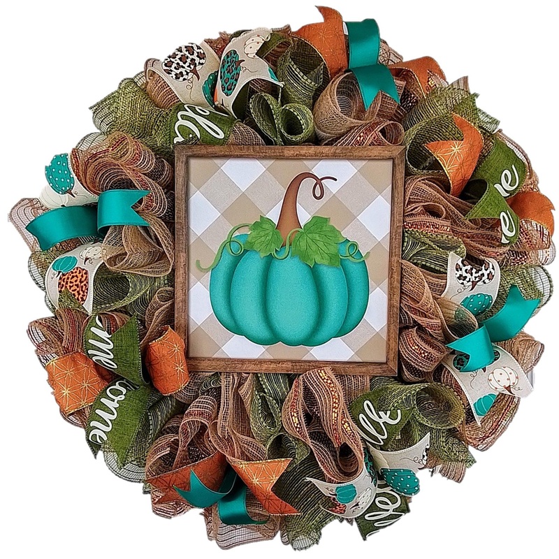 Fall Pumpkin Door Wreaths – Thanksgiving Fall Autumn Teal Mesh Front Door Decor – Halloween Animal Print Blue Brown Orange Moss