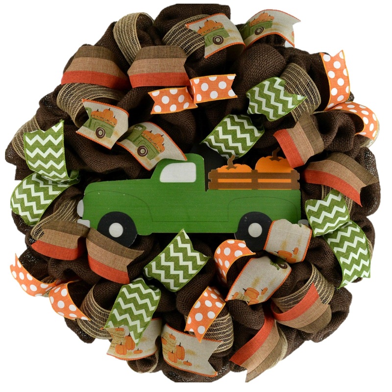 Fall Truck Wreath | Farm Pumpkin Thanksgiving Deco Burlap Front Door Wreath | Brown Orange Green
