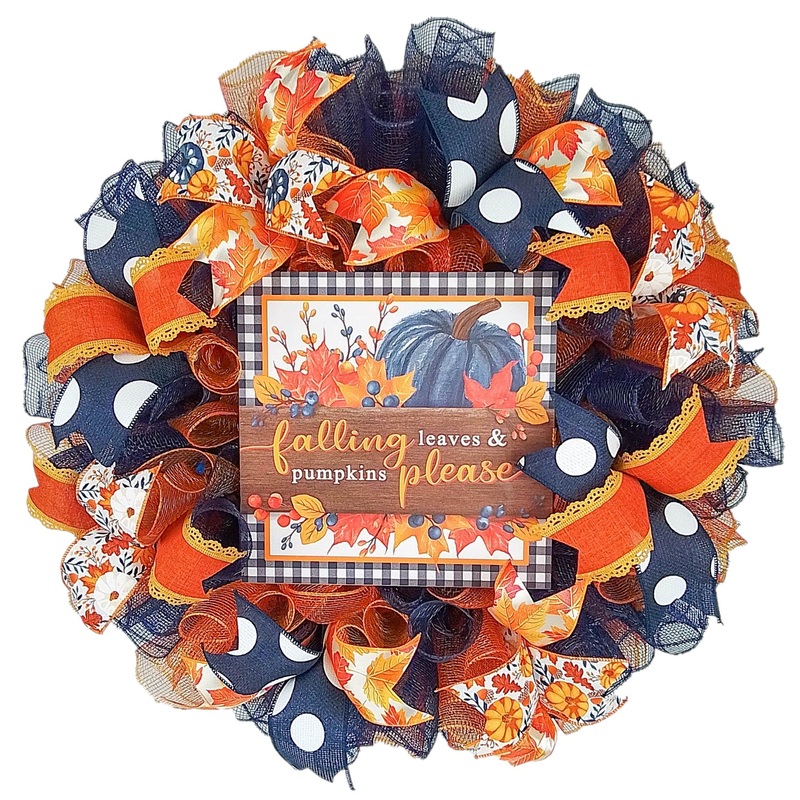 Falling Leave and Pumpkins Please Door Wreaths | Thanksgiving Deco Mesh Wreath | Mustard Navy Orange Burlap