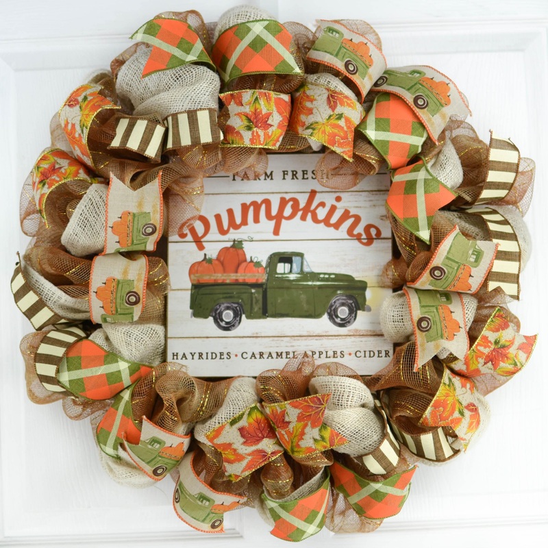 Farm Truck Wreath | Thanksgiving Mesh Door Wreath | Orange Brown Green Ivory